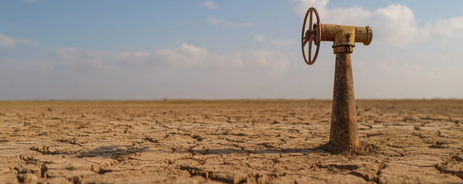  rusty faucet stands alone on cracked, dry earth under a partly cloudy sky, symbolizing drought and water scarcity.