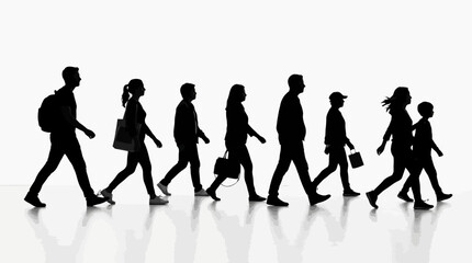 Obraz premium A group of diverse individuals in silhouette, walking together, suggesting community, movement, and shared journey, set against a clean white backdrop