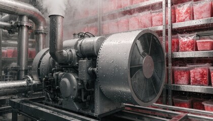 Fototapeta premium Medium shot of enginedriven chiller unit operating in a food processing plant emphasizing efficient cooling for perishable product preservation.
