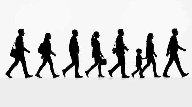 Silhouetted diverse group of people walking together in a line, representing community, movement, and everyday life in a stylized black and white illustration