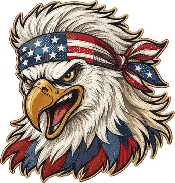 Fierce Patriotic Bald Eagle with American Flag Bandana Embroidery Art