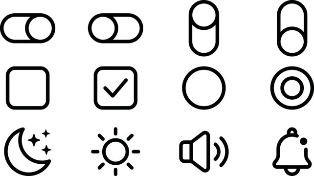 Set of modern user interface icons including switches buttons and settings.