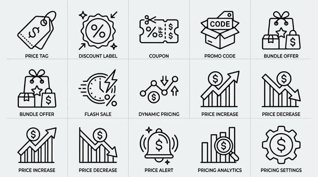 Set of pricing and commerce line icons representing discount and sales strategy.