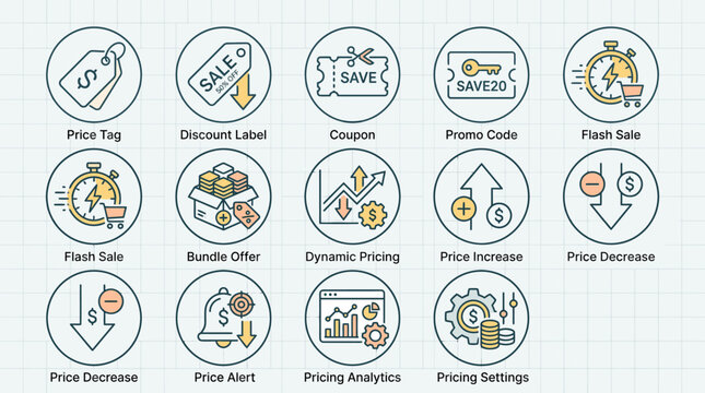 Set of pricing and sales strategy icons for e-commerce and retail.