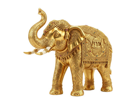 Golden elephant statue with intricate design and raised trunk on white background