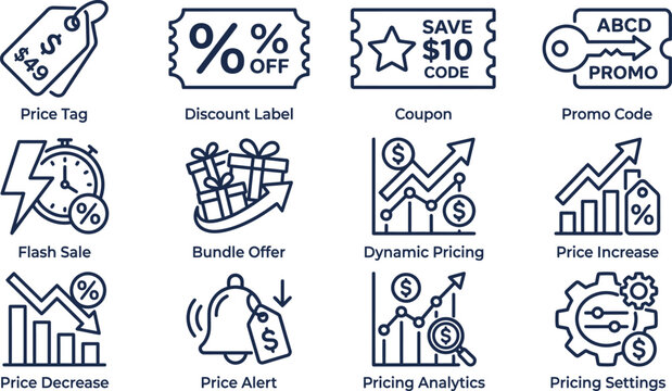 Set of pricing strategy and sales icons in line art style.