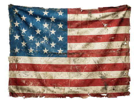 Vintage american flag with torn edges and faded colors on white background