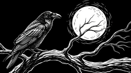 Naklejka premium A raven on a branch in front of a full moon, black and white illustration.