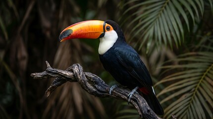 Fototapeta premium Photorealistic close-up of a toucan perched on a branch amidst lush tropical foliage, showcasing its iconic vibrant beak and dark plumage