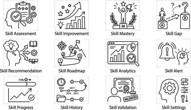 Set of Professional Skill Development and Management Icons.