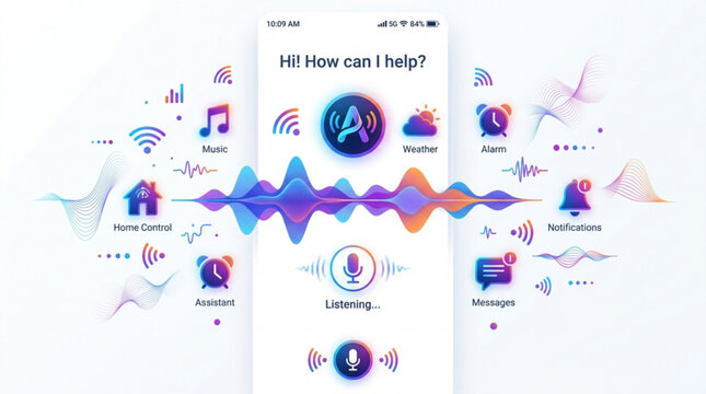 Ai voice assistant interface on smartphone with colorful icons and sound wave design elements
