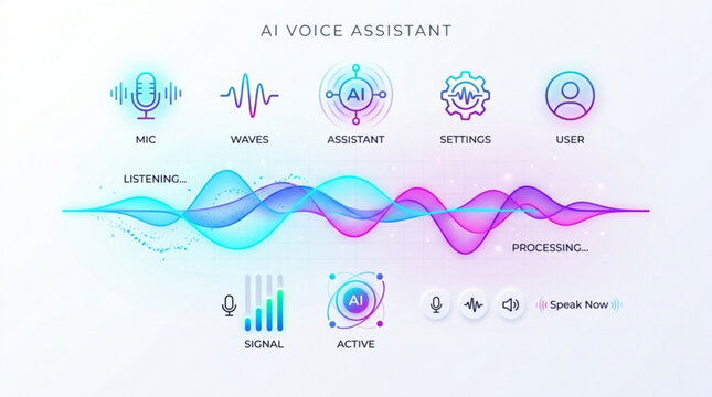 Ai voice assistant icons and waveform illustration for smart technology and artificial intelligence applications