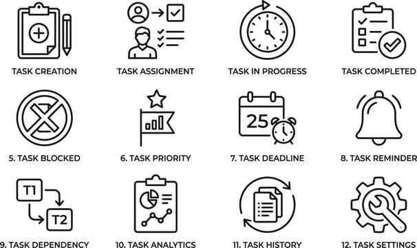 Set of project management and task tracking line icons.