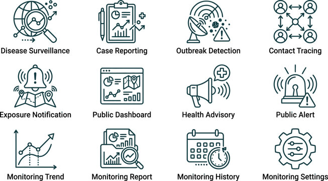 Set of public health and epidemiology monitoring line icons.
