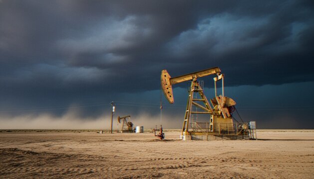 Oil pump jacks operating in a barren desert landscape under a dramatic, stormy, and dark cloudy sky.
