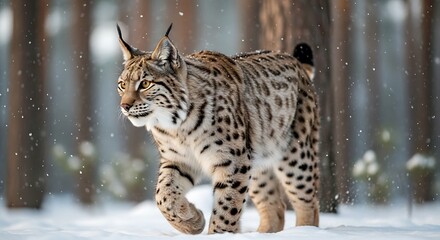 Fototapeta premium lynx walking in snowy forest habitat.