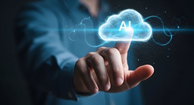 Artificial Intelligence cloud computing concept, businessman touching glowing AI cloud icon, futuristic digital technology interface for business data
