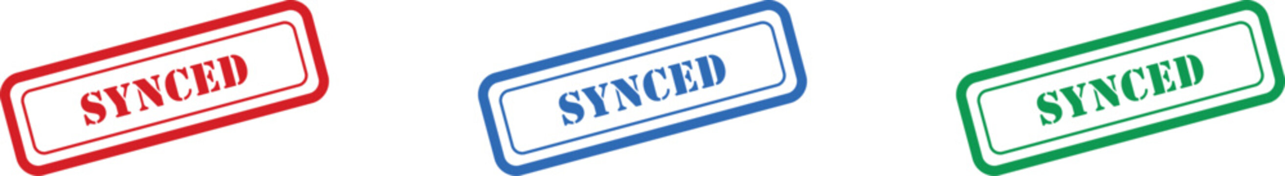 Three rectangular SYNCED rubber stamp icons in red, blue, and green on a clean white surface