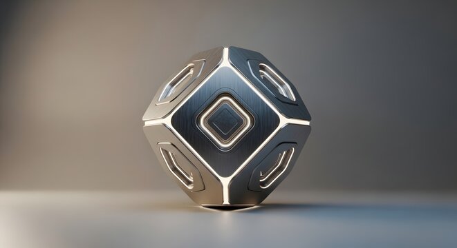 Futuristic metallic cube with glowing lights, sci-fi geometric object, high-tech silver device