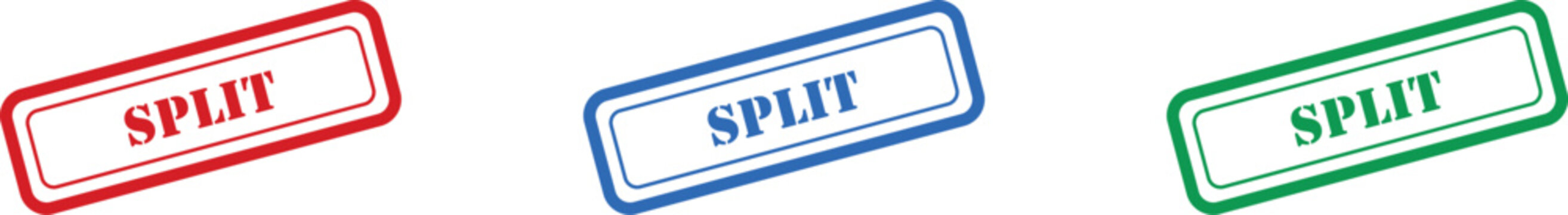 Three vibrant rectangular rubber stamp icons with the word SPLIT shown on an isolated white background