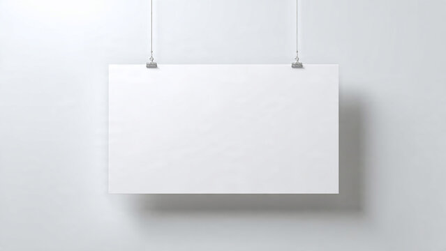 Blank white paper board hanging with metal clips on thin cords, minimal style, front view with soft shadow on light gray wall, ideal for design