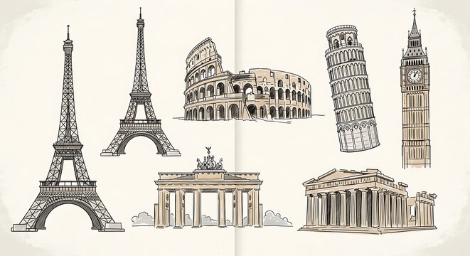 Famous landmarks of Europe illustrations.