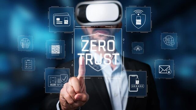 A businessman wearing a virtual reality headset interacts with a digital display of the zero trust security concept, highlighting the importance of cybersecurity and innovation. Raster