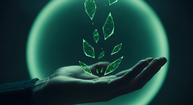 Glowing green crystals floating over human hand, magic energy shards, futuristic digital power