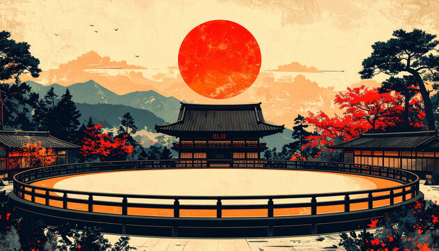 Traditional ukiyo-e style sumo ring with mountain sunrise background