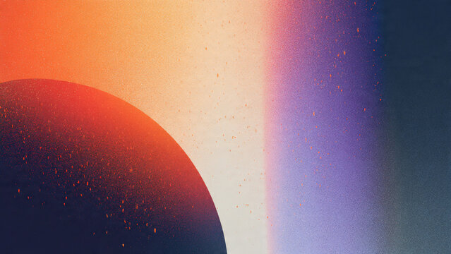 Vibrant orange and purple gradient with grainy texture and dark semicircle silhouette featuring scattered sparks, concept for digital art, brand