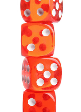Stack of red game dices on white background