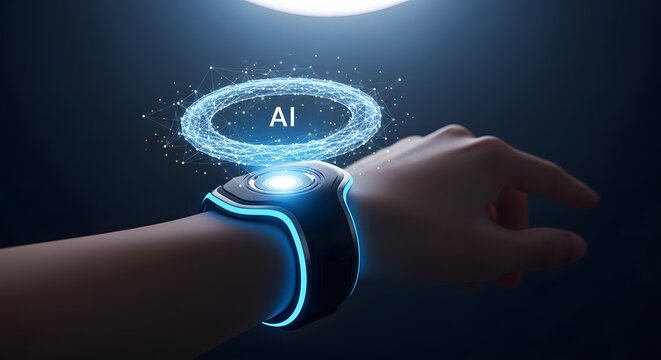Futuristic AI smartwatch hologram, glowing digital interface on wrist, wearable technology concept