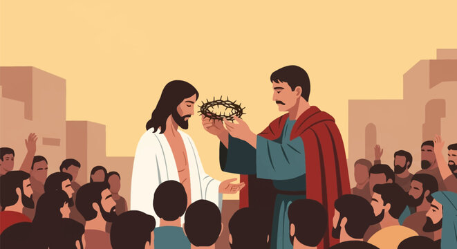 Flat vector illustration of Pontius Pilate placing a crown of thorns on Jesus Christ before a crowd of onlookers in ancient Jerusalem, biblical scene of the Passion of Christ.
