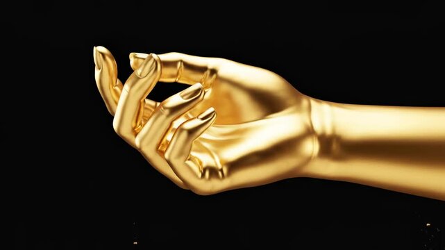 Gilded hand gesture evokes concepts of opulence, luxury, aspiration, spiritual enlightenment, and divine intervention against a dark, contrasting backdrop, conveying wealth and preciousness