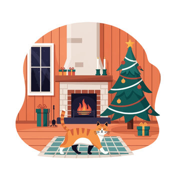 Flat vector illustration of a ginger tabby cat walking on a rug in a cozy living room with a burning fireplace, a decorated Christmas tree, wrapped gifts, and a night window.
