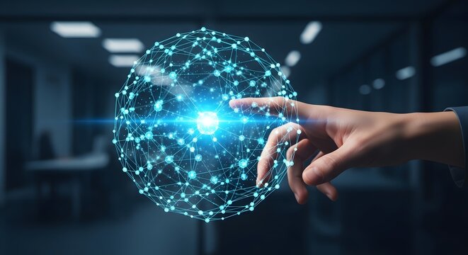 Digital global network sphere, futuristic data technology concept, hand touching glowing blue orb