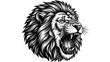 Fototapeta premium Black and white illustration of a roaring lion in profile.