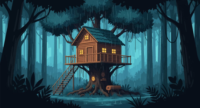 Vector illustration of a rustic wooden cabin treehouse with lit windows and a balcony built into a large tree trunk during a heavy rainstorm in a dense dark forest landscape at night.