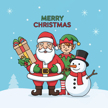 Cartoon vector illustration of Santa Claus holding a gift box, standing with a Christmas elf and a snowman on snowy ground under a blue sky with snowflakes and festive text.
