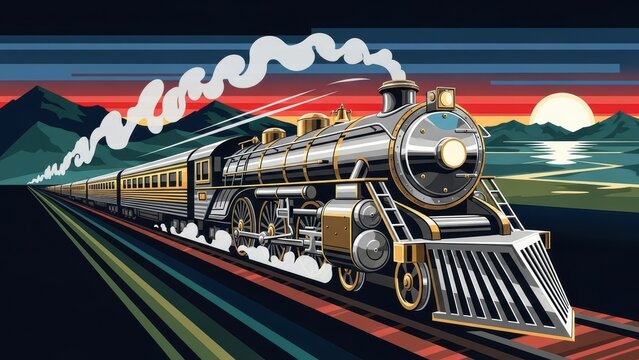 Stylized vector illustration of a vintage steam train at sunset.