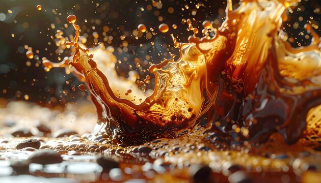 Macro shot of a brown liquid erupting, creating a dynamic splash