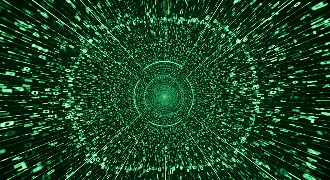 Digital binary code tunnel, green matrix data stream background, cyber security concept