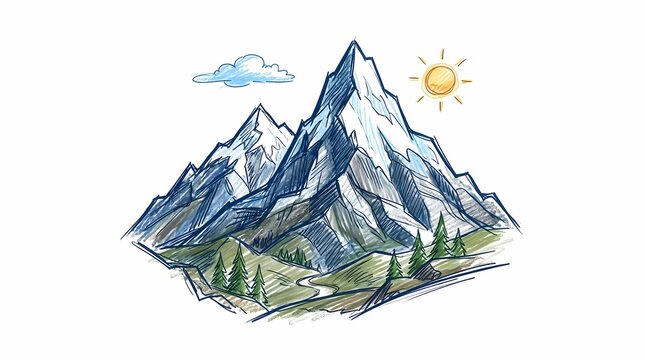 Hand-drawn colored sketch of majestic snow-capped mountain range with sun and cloud landscape illustration on a clean white background