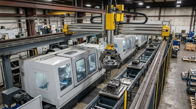 Medium shot showcasing a gantry robotic system efficiently moving heavy gear components across parallel machining stations in an industrial production line.