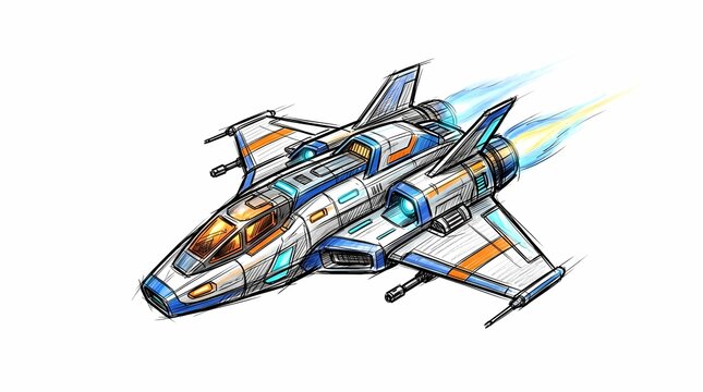 Dynamic Futuristic Aerospace Spacecraft Concept Illustration Featuring Detailed Tactical Fighter Craft Design With Vivid Colored Engine Exhaust