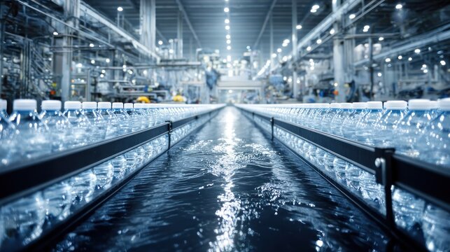 Rows of clear plastic beverage containers move along an illuminated production line within a large manufacturing facility.