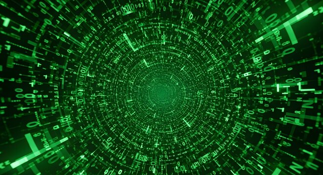 Digital matrix tunnel, green binary code background, futuristic data stream and cyber security