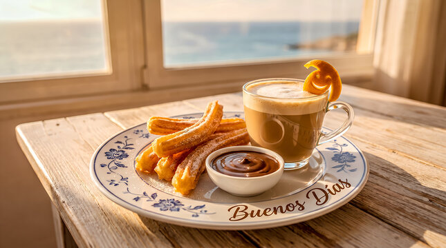 A bright and cheerful Spanish good morning greeting: warm milk coffee with churros on an elegant ceramic plate, a small, gently smiling orange slice, golden sunlight, and the text "Buenos D&iacute;as."