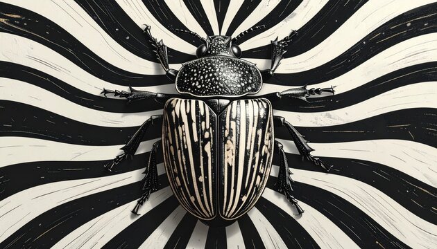 Detailed insect illustration centered on a wavy black and white striped background