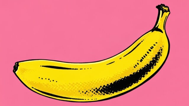 Pop Art style banana illustration on a pink background.